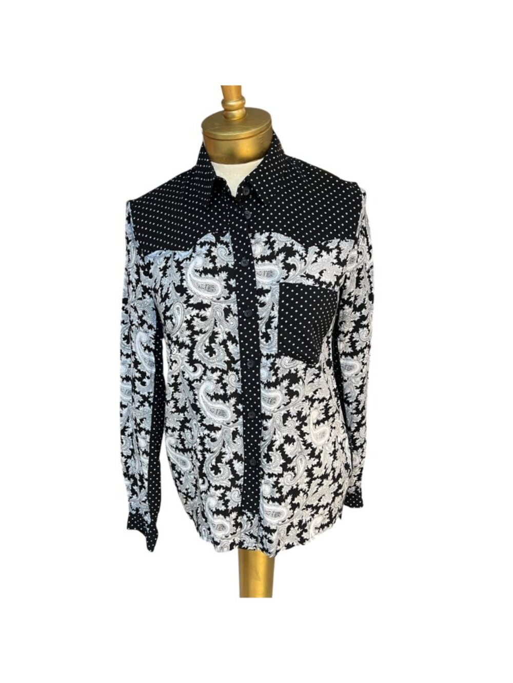 French Connection Black Paisley & Polka Dot Button Down Shirt Women’s Size 6